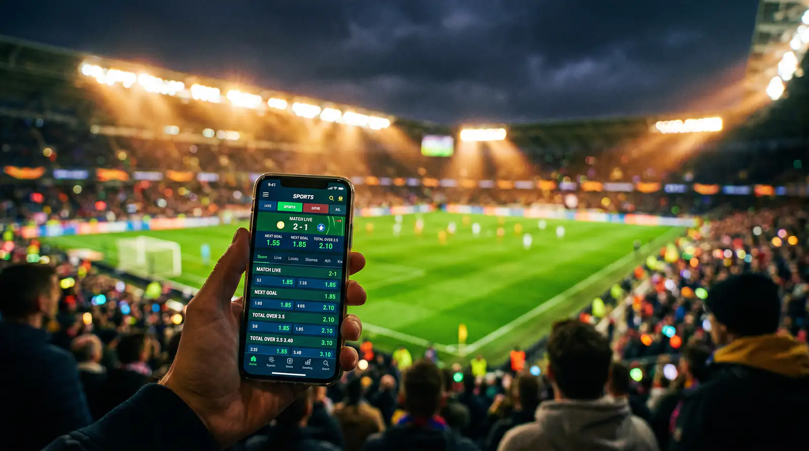 Persona apostando en directo desde el móvil mientras ve un partido de fútbol